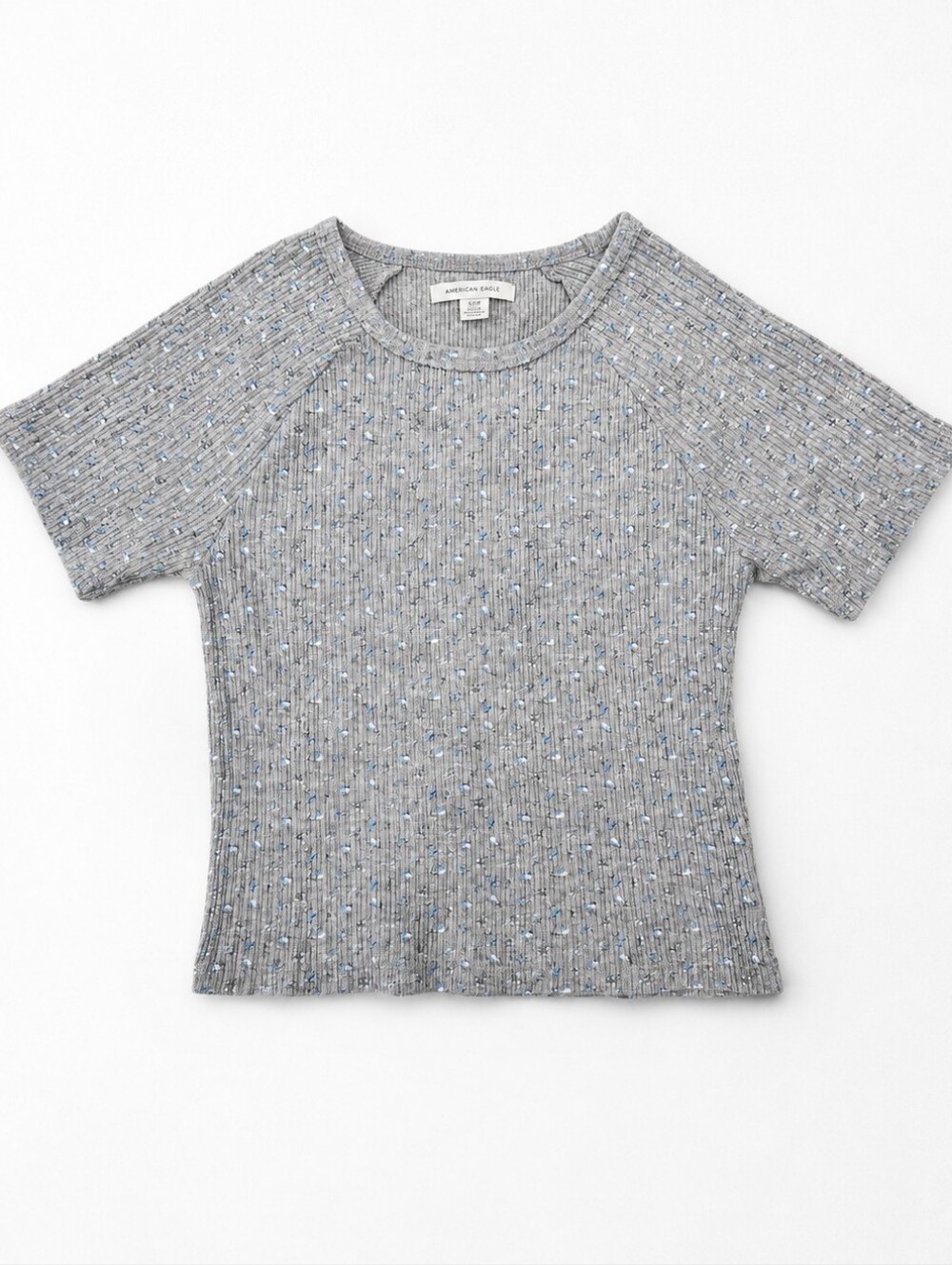 American Eagle Ribbed Floral Baby Tee Crop Top Gray Blue Print Small